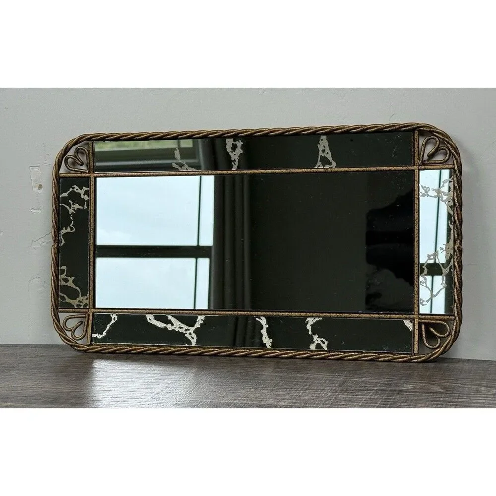 Vtg Vanity Mirror Tray Antique Brass Rope Edge w/Heart Shapes 15 1/8'' x 8 1/8''